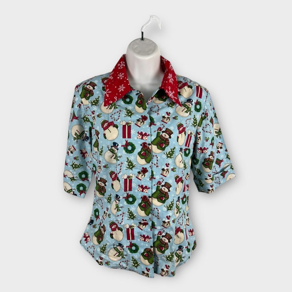 Festive Snowman Holiday Button Up‎ Shirt Handmade Cotton Blue Red 36 Chest